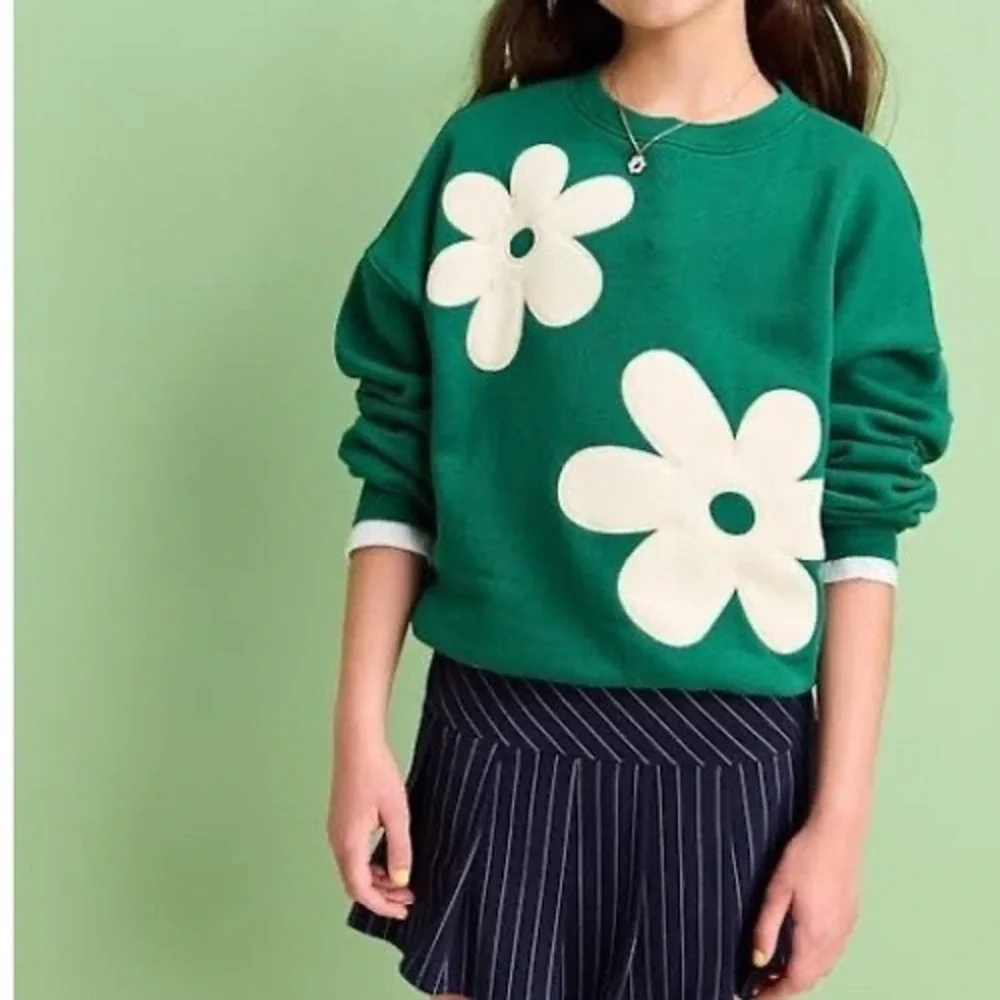 Old Navy Girls Green Floral Applique Fleece Sweatshirt Pullover Size L 10-12